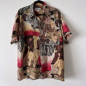 Vintage Hawaii Silkyway Men's Top Size M Safari Lion Zebra 100% Washable Silk
